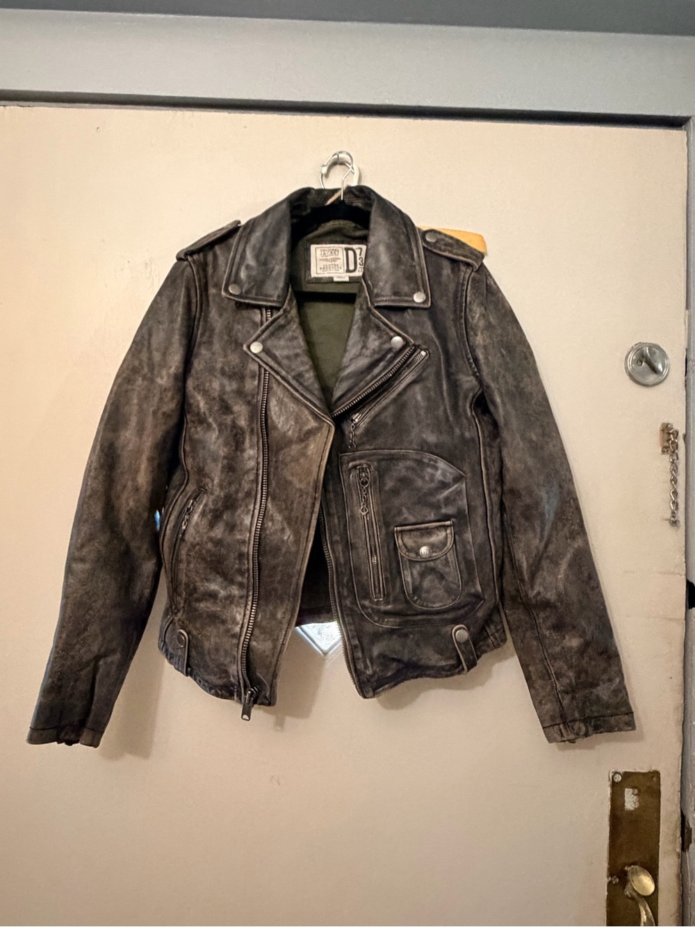 Vintage-Style Distressed Black Leather Biker Jacket